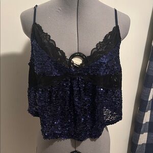 Sequin Lace Camisole Top - Blue